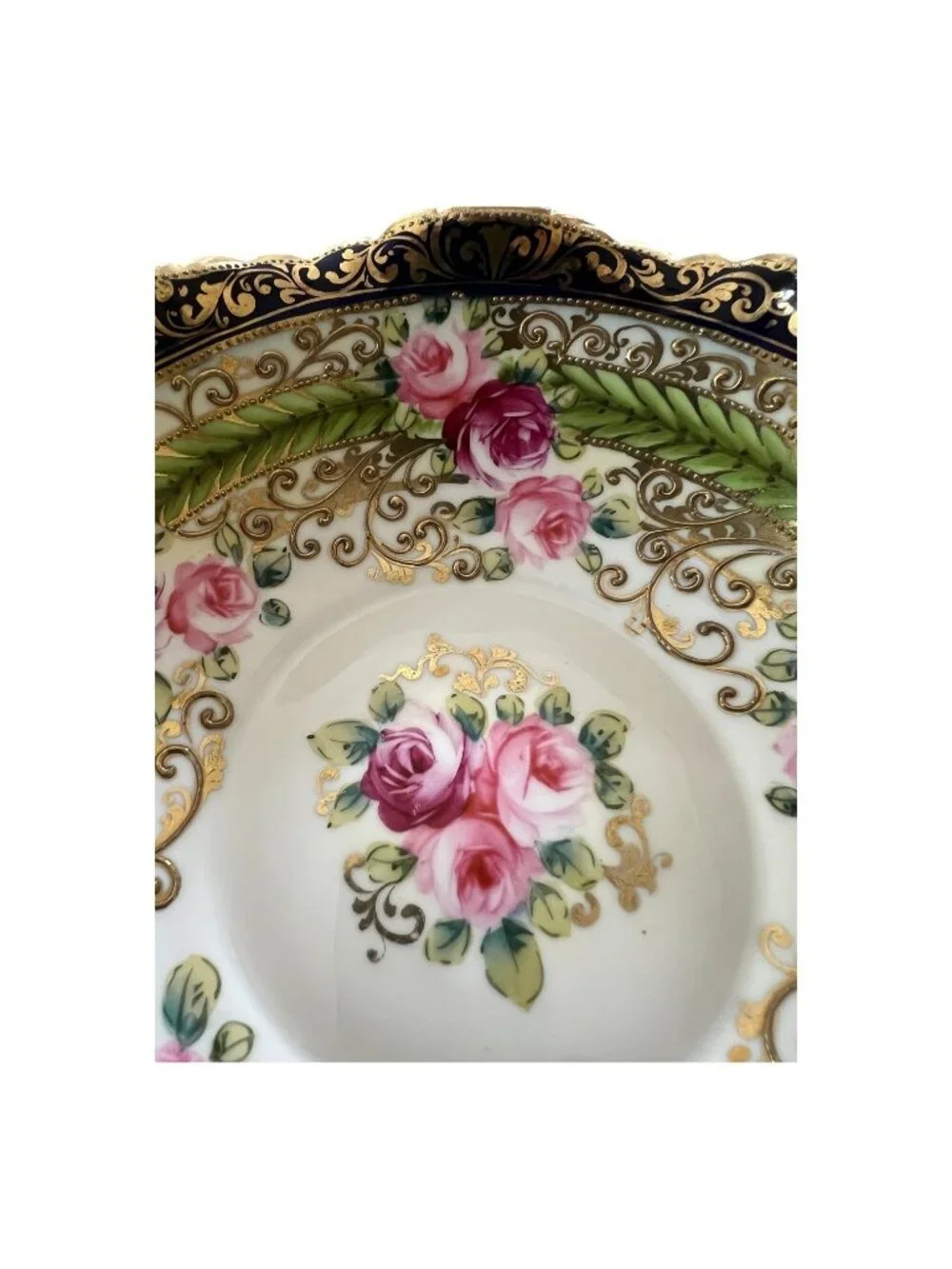 Antique Nippon Hand-Painted Gilded Rose Dish, Blue Maple Leaf Mark (1891–1911),